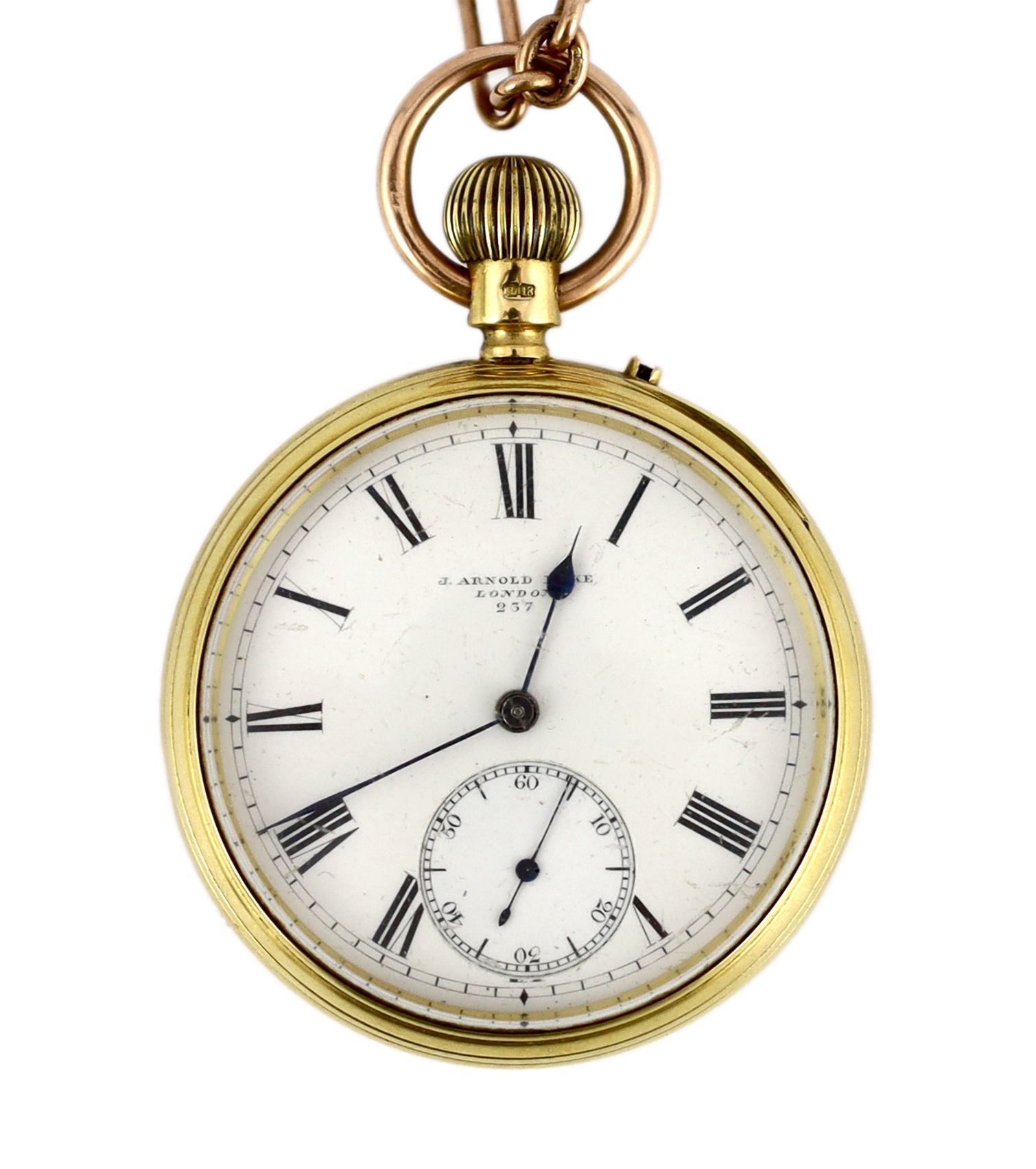 A late Victorian 18ct gold open faced keyless lever pocket watch, by J. Arnold Lake of Camden Town, together with a 9ct gold albert